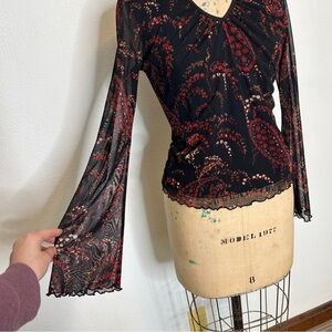 Vintage Red & Black Floral Bell Sleeve Blouse